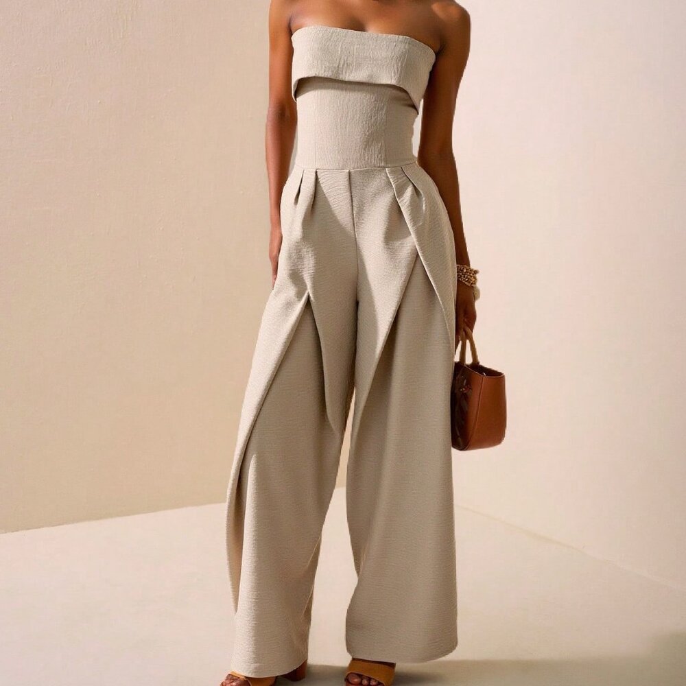 Khaki Casual Women's Halter Wide Leg Jumpsuit - Picture 4 of 7